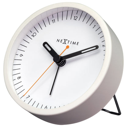 Small NeXtime Clocks metal table alarm clock with light function, silent operation, measuring 9x9x7.5cm, right side view.