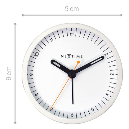 Small NeXtime Clocks table alarm clock with silent operation and light function, measuring 9x9x7.5cm, made of metal.
