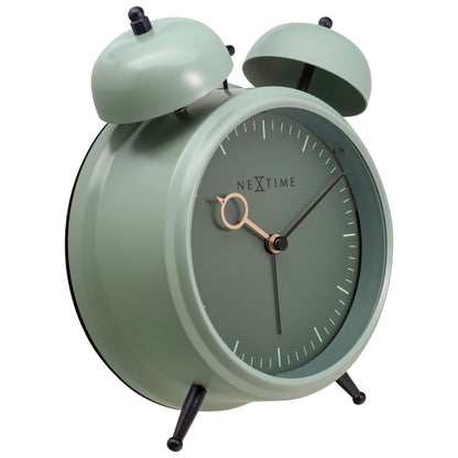 NeXtime Clocks golden metal table alarm clock with light function, silent operation, 15x18x7cm, on a desk or bedside table.