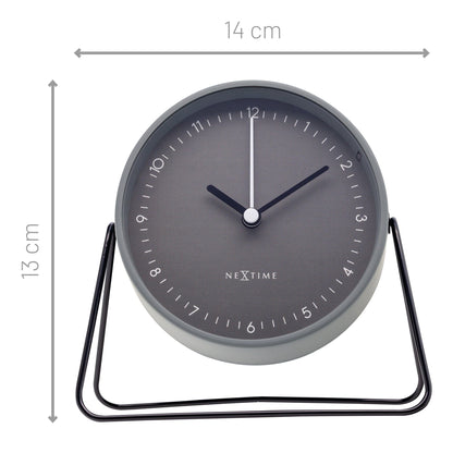 NeXtime Clocks Berlin table alarm clock, silent metal design, 14x13x7cm, modern style on a wooden surface.