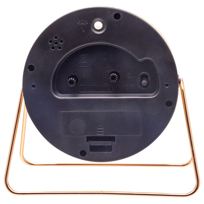 NeXtime Clocks Berlin table alarm clock, silent metal design, 14x13x7cm, shown from the back with a modern style.