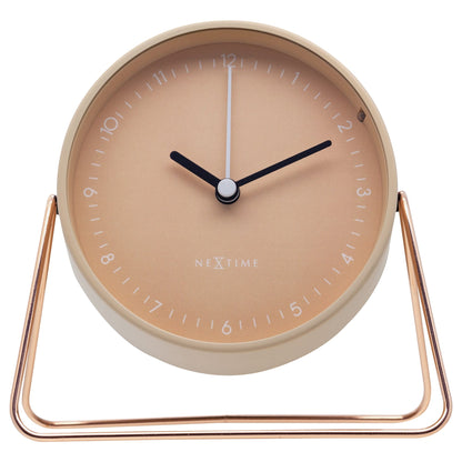 NeXtime Clocks Berlin table alarm clock in metal, silent operation, measuring 14x13x7cm, with a modern front view.