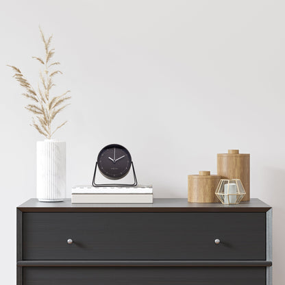 NeXtime Clocks Berlin Table Alarm Clock, metal, silent operation, 14x13x7cm, modern design on a wooden surface.