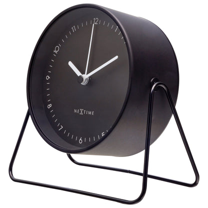 NeXtime Clocks Berlin table alarm clock with metal body, silent operation, measuring 14x13x7cm, shown from the right side.