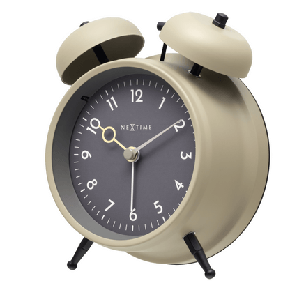 NeXtime Golden Hour alarm clock in metal, showing the right side with a sleek design and gold finish, 12x14x6cm size.
