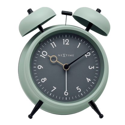 NeXtime Golden Hour alarm clock with a metal frame, measuring 12x14x6cm, featuring a stylish design and clear clock face.