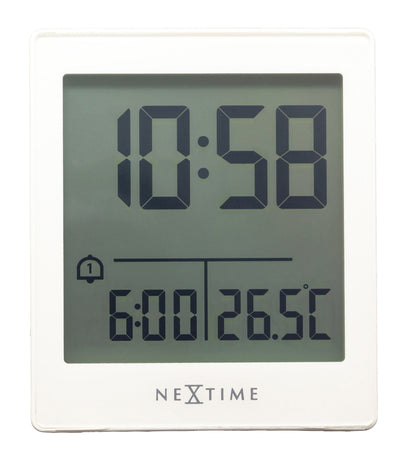 NeXtime Digital Table Alarm Clock with black display, compact size 7.7x8.9x3cm, featuring "Wake Up" function and modern design