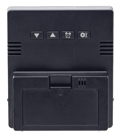 NeXtime digital table alarm clock with back view, compact 7.7x8.9x3cm design, black and white display, "Wake Up" label.