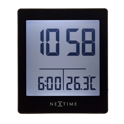 NeXtime digital alarm clock with LED display, compact size 7.7x8.9x3cm, featuring wake-up function and modern design.