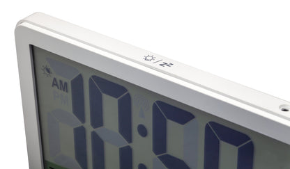 NeXtime digital alarm clock with weather station display, 17.3x14x2.7cm, white ABS plastic, modern design.