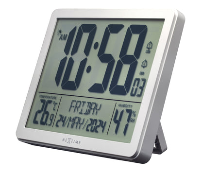 NeXtime alarm clock with digital display, weather station, and wall-mount design in black ABS, 17.3x14x2.7cm.