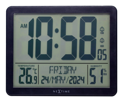 NeXtime alarm clock with digital display, weather station features, ABS material, front view, compact 17.3x14x2.7cm size