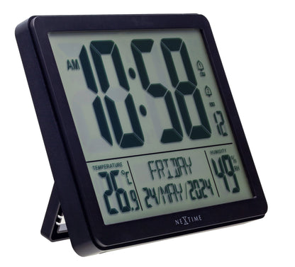 NeXtime alarm clock with digital display, weather station features, beige ABS body, 17.3x14x2.7cm, left side view.