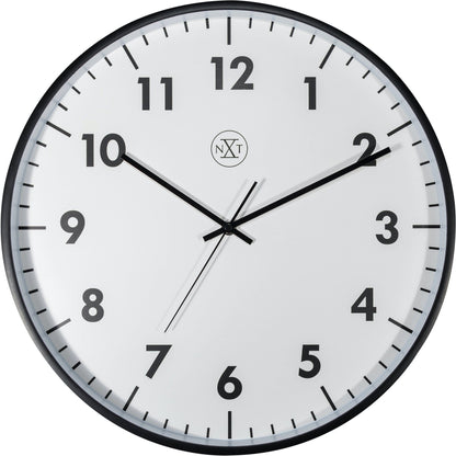 NeXtime Clocks wall clock, 40 cm diameter, plastic frame with modern design, front view showing clock face and hands.