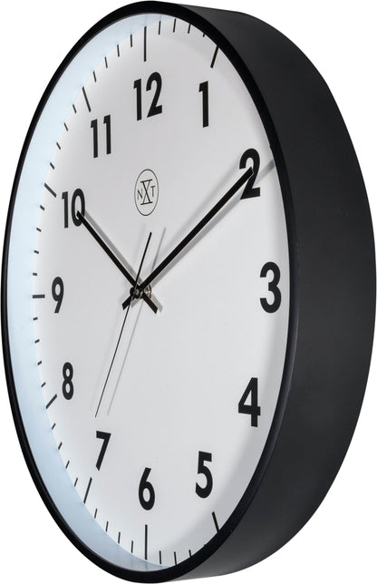 NeXtime Clocks 40 cm plastic wall clock showing a sleek, modern design with black hour and minute hands on a white face.