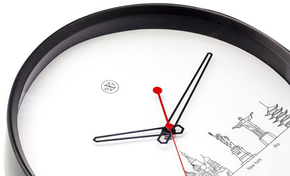 NeXtime Clocks wall clock with 30cm plastic design featuring a world tour map, detailed view of the clock face and hands.