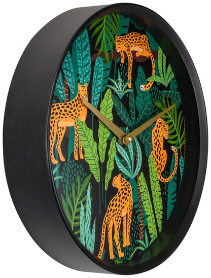 NeXtime Clocks wall clock with 30 cm plastic frame featuring an urban jungle design, shown from the left side.