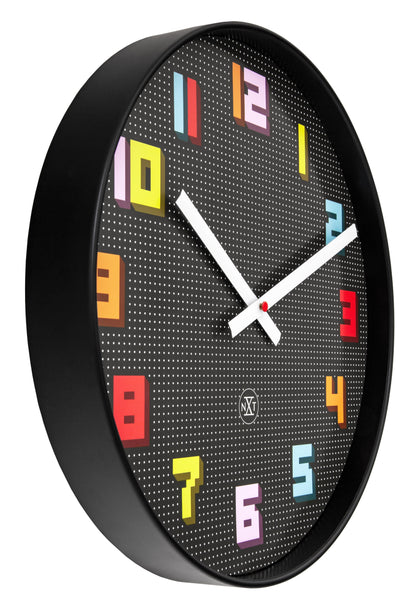 NeXtime Clocks wall clock, 35cm silent black and multicolor design with game-themed ABS frame, side view.
