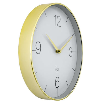 NeXtime Finesse wall clock with 30.5cm gold, chrome, and grey plastic finish, silent operation, side view.