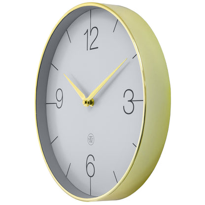 NeXtime Clocks Finesse wall clock with 30.5cm gold, chrome, and grey plastic finish, silent movement on a white background.