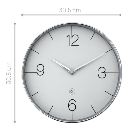 NeXtime Finesse wall clock with a 30.5cm diameter, gold, chrome, and grey plastic finish, silent movement on a white background.