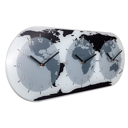 NeXtime Clocks world time wall clock with glass face, 50x18.6x3.6 cm, showing multiple time zones on a sleek design.