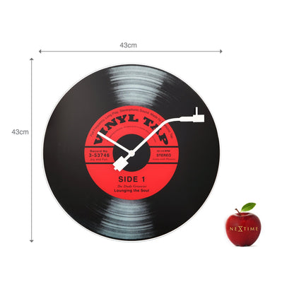 NeXtime Clocks vinyl tap wall clock, 43 cm with glass face, featuring a stylish vinyl record design.