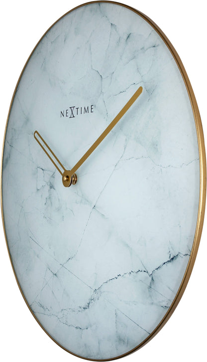 NeXtime Clocks marble wall clock with glass and metal frame, 40 cm diameter, showcasing a sleek modern design.