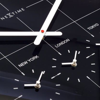 NeXtime Clocks Big City wall clock, 43cm silent glass clock with modern city design, detailed close-up image.