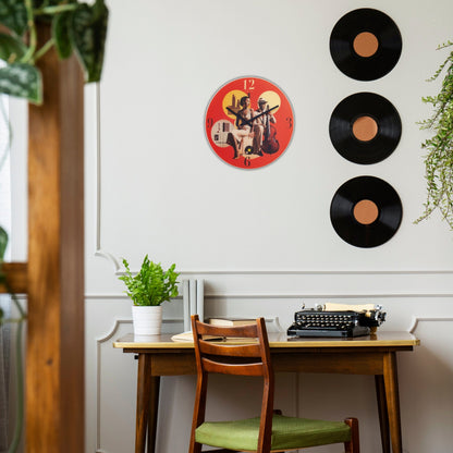 NeXtime Clocks 43cm silent multicolour glass wall clock with 'Jazz' design, featuring a modern, colorful style.