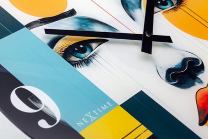 NeXtime Vogue wall clock with 43cm multicolour glass face, silent movement, modern design, and sleek style.