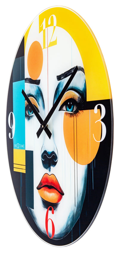 NeXtime Vogue wall clock, 43cm, silent movement with multicolour glass design, right side view showing modern style.