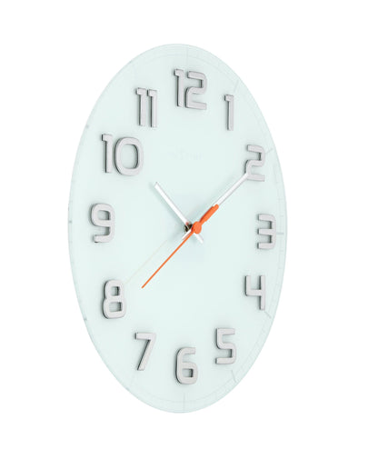 NeXtime Clocks glass wall clock, 30 cm diameter, round shape with minimalist design, showing the left side of the 'Classy Round' clock.