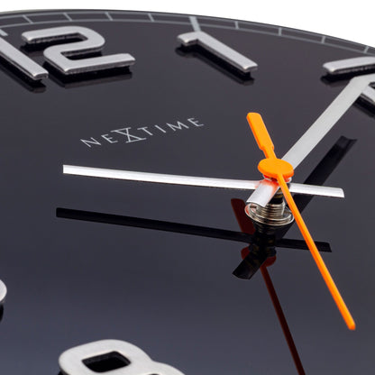 Close-up of NeXtime Clocks' Classy Round wall clock with a glass face, 30x3.5 cm, showcasing its elegant design.