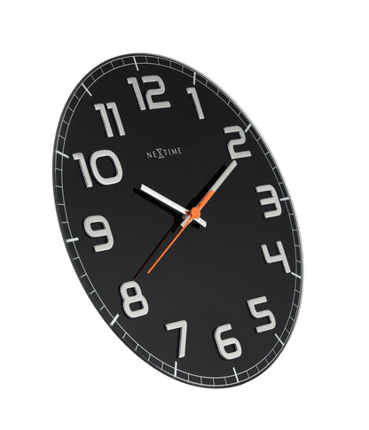 NeXtime Clocks Classy Round wall clock with glass face, 30 x 3.5 cm, viewed from the left side.