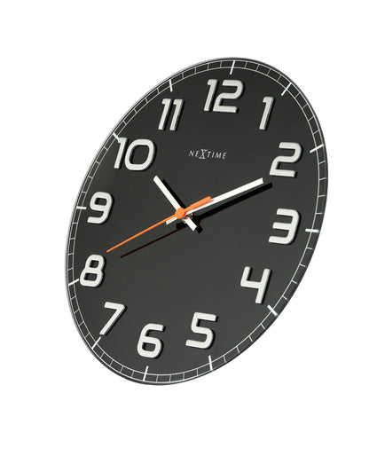 NeXtime Clocks Classy Round wall clock, 30 x 3.5 cm, glass face, right side view showing sleek design and clear clock hands.