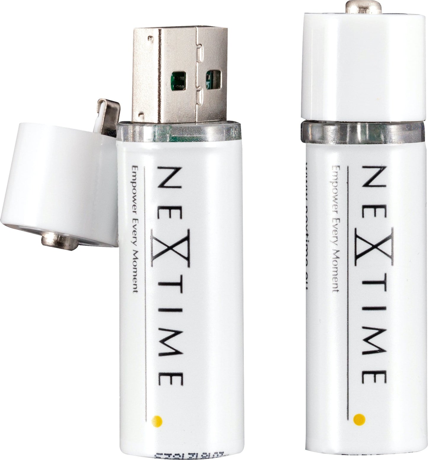 Two NeXtime Clocks AA USB batteries displayed with their front view, showing the battery design and branding.