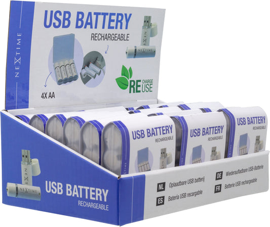 NeXtime Clocks USB AA batteries display with 18-packaging of AABAT003 rechargeable batteries for electronic devices.