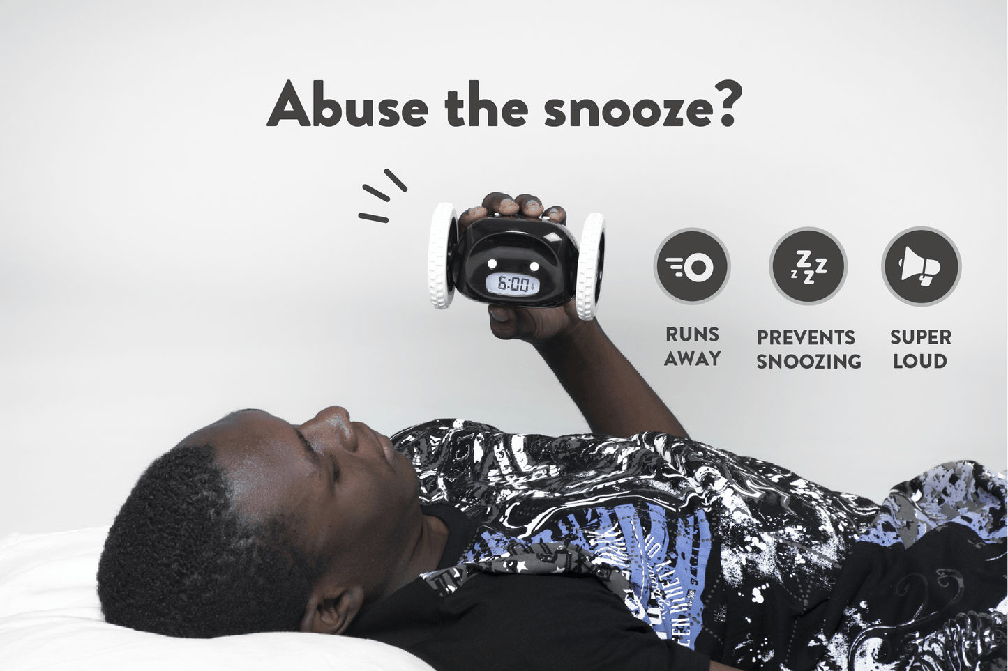 Clocky Black - Alarm clock on wheels