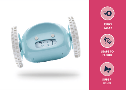 Blue Clocky alarm clock on wheels by NeXtime Clocks with colorful icon design, showcasing its playful, mobile alarm features.
