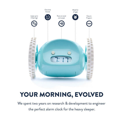 NeXtime Clocks Clocky Blue alarm clock on wheels, featuring a playful design and digital display for waking up on time.