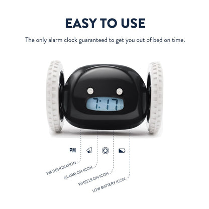 Black Clocky alarm clock on wheels by NeXtime Clocks, featuring a digital display and mobility for alerting users.