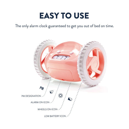 Pink Clocky alarm clock on wheels by NeXtime Clocks with digital display and playful design.