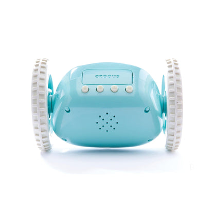NeXtime Clocks Clocky Blue alarm clock on wheels with digital display and playful design, set on a white background.