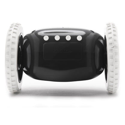 Black Clocky alarm clock on wheels by NeXtime Clocks with digital display and playful rolling design.