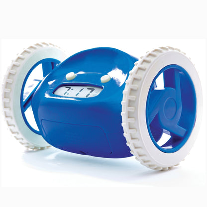 NeXtime Clocks Clocky Navy alarm clock on wheels with digital display and rolling design, perfect for waking up on time.