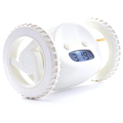 White Clocky alarm clock on wheels by NeXtime Clocks, showing its playful design and rolling alarm feature.