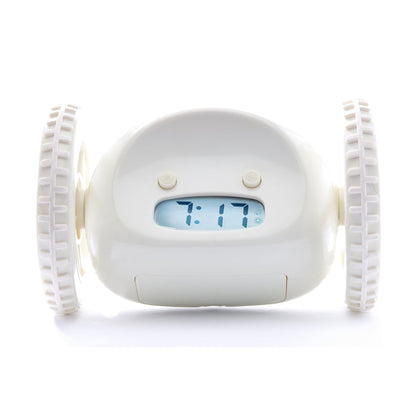 White Clocky alarm clock on wheels by NeXtime Clocks, featuring a playful design and digital display.