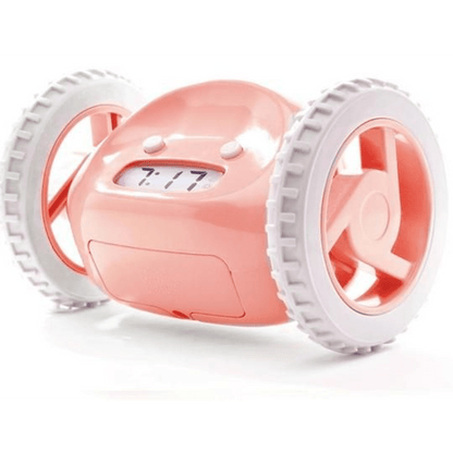 Pink Clocky alarm clock on wheels by NeXtime Clocks, featuring a playful design with a digital display and colorful accents.