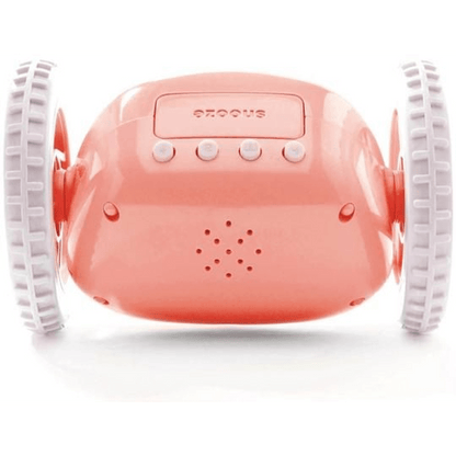 Pink Clocky alarm clock on wheels by NeXtime Clocks, featuring a playful design with a digital display and wheels for mobility.